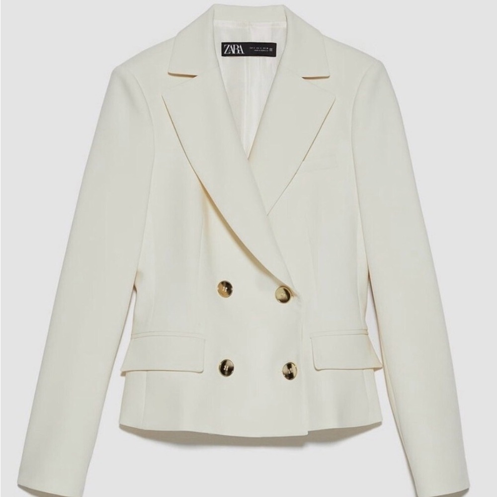Zara NWOT Ecru Cream Double-Breasted Exaggerated Waist Blazer Lined, Size L